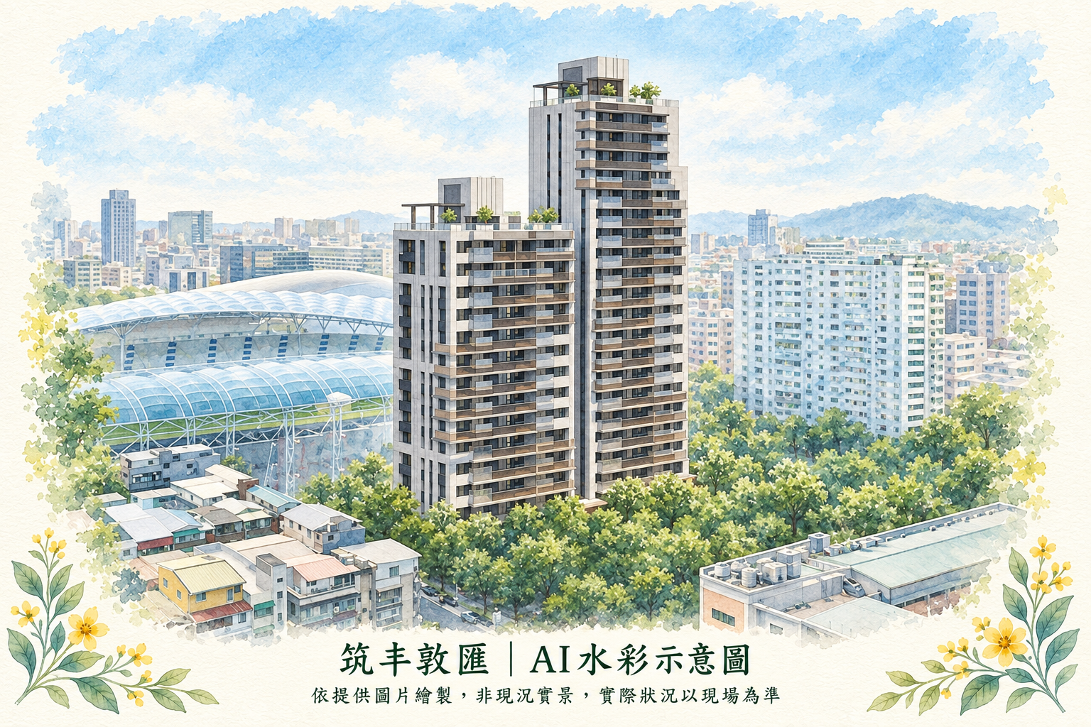 筑丰敦匯高低量體建築與周邊街景的AI水彩示意，依使用者提供圖片繪製，非現況實景